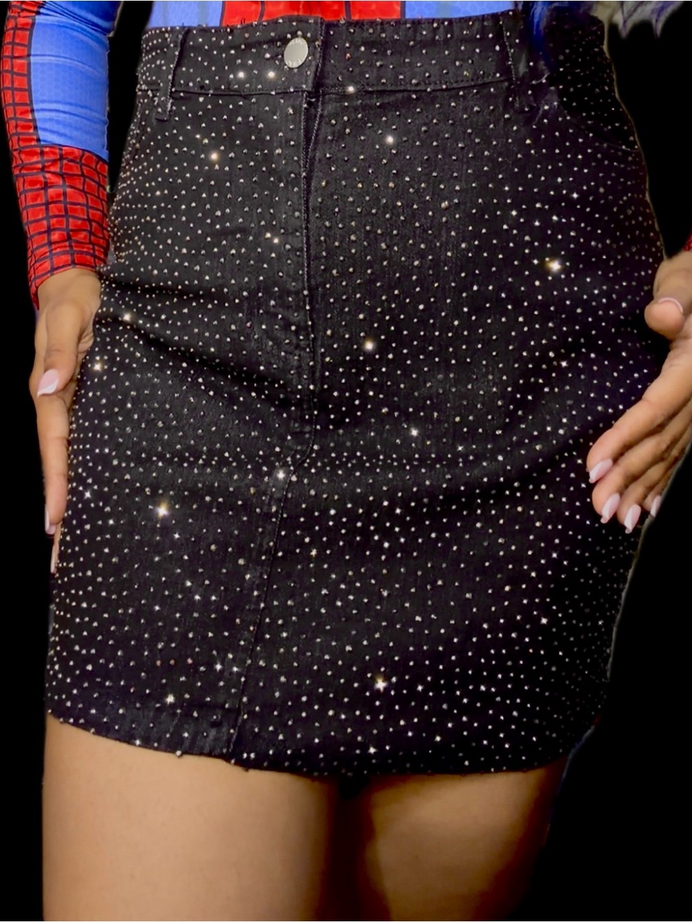 Black Rhinestone Mini Skirt - Women's Stylish Sparkle